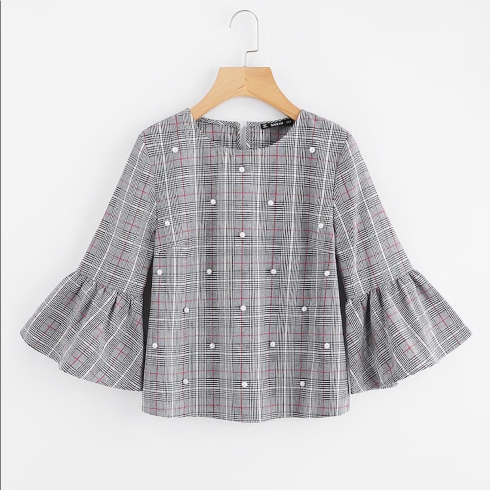 Plaid Blouse with Pearl Accents SHEIN